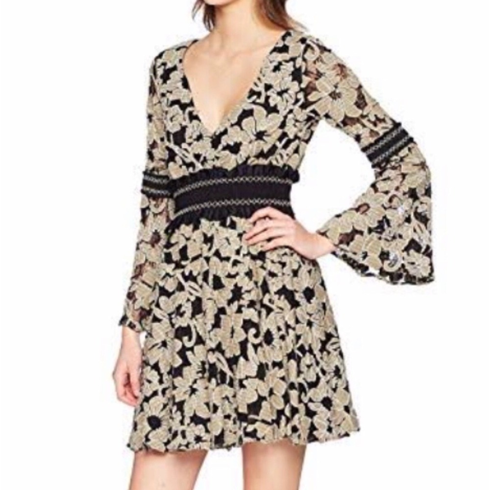 ZAC Zac Posen Mika Lace Mini Dress Bell Sleeve Floral V Neck Black Green Size 4
